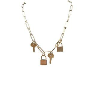 Gold Tone Paperclip Chain Necklace with Lock & Key Charms | Statement Charm Neck